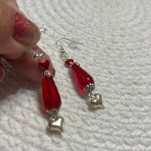 Delicate RED TEARDROP GLASS with RED & SILVER HEART Handmade Earrings #646D